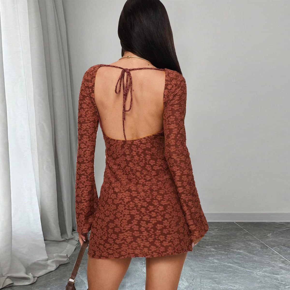 Strap Jacquard Flared Sleeve Dress