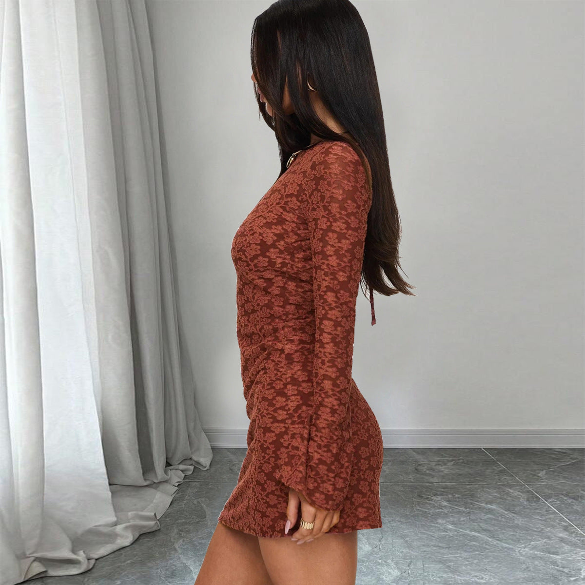 Strap Jacquard Flared Sleeve Dress