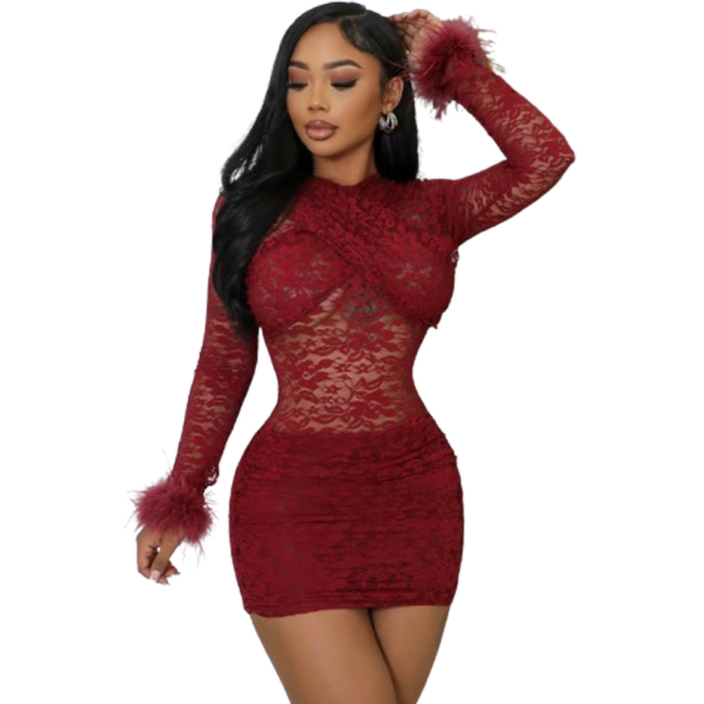 Sexy slim cut hollow lace feather dress